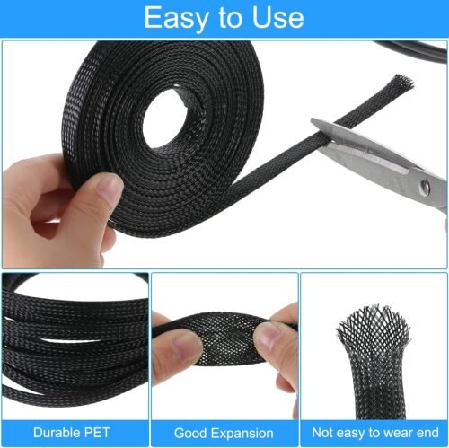Tatuo 65.6 ft Expandable Braided Cable Sleeve Multi Size Braided Wire Sleeve with 120 Pcs Heat Shrink Tubing for Television Audio Computer Cables Video Pets,1/4 in,2/5 in,1/2 in,3/4 in(Black) - 이미지 3