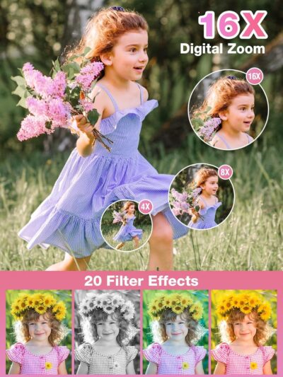 Digital Camera,FHD 1080P Kids Camera 44MP Point and Shoot Digital Cameras with 32GB Card,16X Zoom,Anti-Shake,Date Stamp,Compact Small Cameras Photography for Kids Student Teen Girl Boy(Pink) - 이미지 4