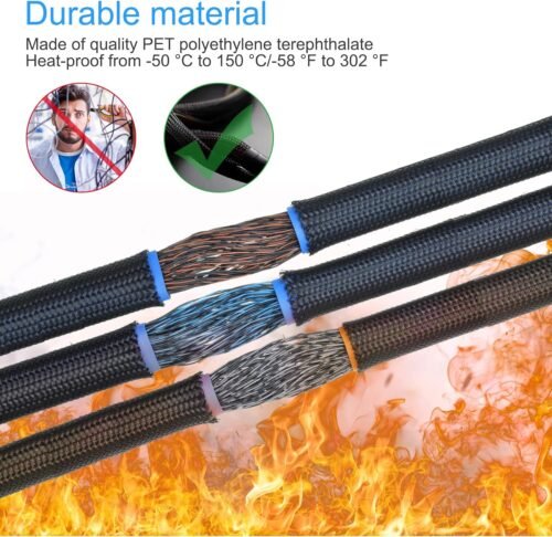 Tatuo 65.6 ft Expandable Braided Cable Sleeve Multi Size Braided Wire Sleeve with 120 Pcs Heat Shrink Tubing for Television Audio Computer Cables Video Pets,1/4 in,2/5 in,1/2 in,3/4 in(Black) - 이미지 6
