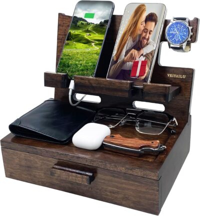 Gifts for Men Women Husband Son Boyfriend Him Nightstand Organizer Wood Phone Docking Station Birthday Gifts (Walnut) - 이미지 8