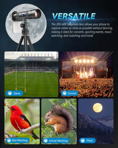 Evil Eye 20-60X Zoom Telephoto Lens, High Power HD Telephoto Phone Lens with Tripod and Universal Phone Clip for iPhone 16/15/14/13 Series, Samsung, Android Phone and Most Smartphone - 이미지 4