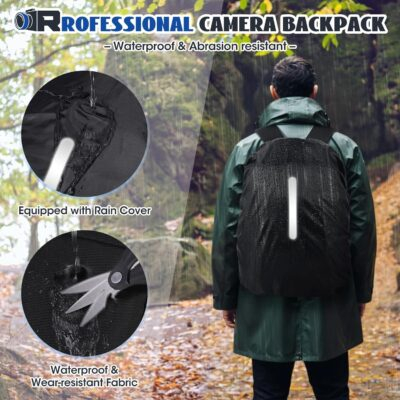 RAINSMORE Camera Backpack Camera Bag for Photographers DSLR SLR Mirrorless Camera Cases with Waterproof Rain Cover & Laptop Compartment Fits 14 Inch Laptop,Anti Theft Travel photography backpack,Black - 이미지 7