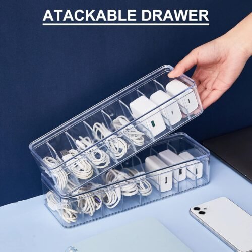 Tatuo 4 Pcs Cable Organizer with 40 Wire Ties, Clear Plastic Cord Charger Storage Box with Clear Lid for Home Office Desk Organization and Accessories - 이미지 5