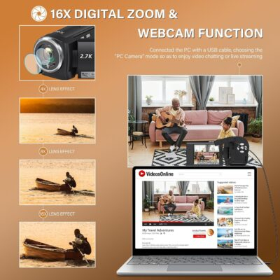 Camcorder Video Camera QHD 2.7K 50MP 16X Digital Zoom Vlogging Camera with LED Fill Light for YouTube, 2.8 Inch 270 Degree Rotation LCD Screen Camcorder with 32GB SD Card and Two Batteries - 이미지 3