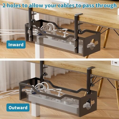 Under Desk Cable Management Tray No Drill, Metal Mesh Cable Management Under Desk with Clamp Mount, 2 Hole Cable Tray with Wire Management and Cord Organizer for Home Office Standing Desk - 이미지 5