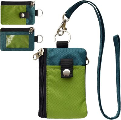 Minimalist RFID Blocking Small Wallet with ID Window,WaterResistant Zip Id Case Wallet with Lanyard Keychain for Cards,Cash,Travel,Women,Men (GreenOnion+DarkGreen)