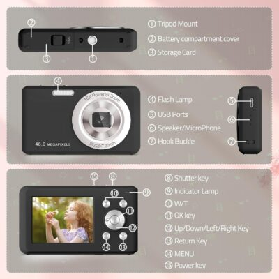 Digital Camera, FHD 1080P Compact Camera with 32GB Card，48MP Camera 2.4'' LCD 16X Digital Zoom for Kid Student Children Teen Girl Boy(Black) - 이미지 2