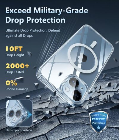 FNTCASE for iPhone 15 Case: for iPhone 14 Case | iPhone 16e Case Support Magnetic Charging Military Grade Drop Protection Anti Yellowing | Rugged Shockproof Cell Phone Cover - 6.1 inch (Clear) - 이미지 4