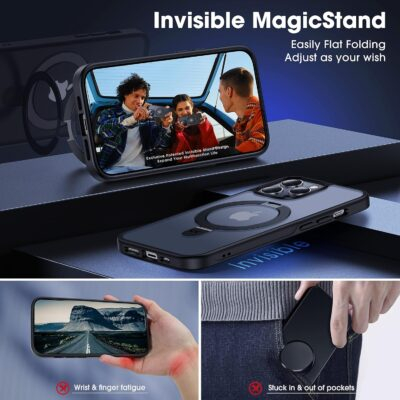CASEKOO Designed for iPhone 14 Pro Max Case with Magnetic Invisible Stand [Military Drop Protection] [Compatible with MagSafe] Shockproof Slim Matte Translucent Promax Case 6.7 Inch, Black - 이미지 3