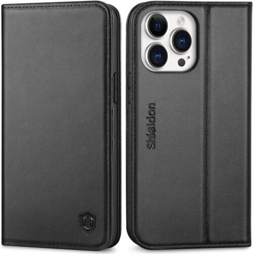 SHIELDON Case for iPhone 14 Pro Max 5G 6.7", Genuine Leather Wallet Flip Cover RFID Blocking Card Slots Magnetic Closure Case Compatible with iPhone 14 Pro Max 2022 - Black