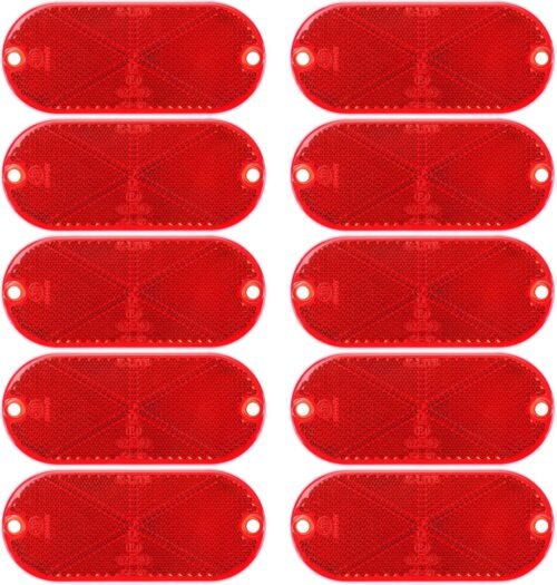 10 Pack Front Reflector Oval Reflector for Driveway Fence Gate Posts Trailers Safety Reflectors Automobiles Boats Mailboxes Reflector with Center Mounting Hole (Red)