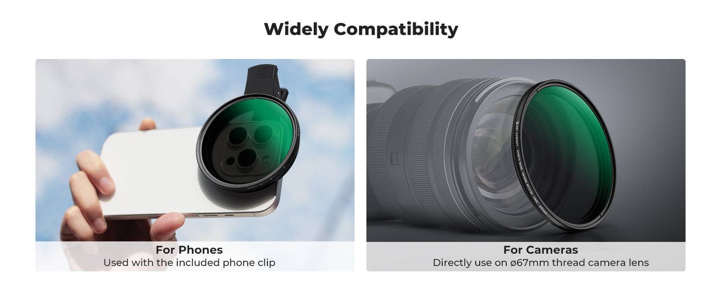 K&F Concept 67mm Clip-on ND2-32 Phone Camera Lens Filter Kit, Multi-Coated Variable Neutral Density Light Reduction Filter Compatible with iPhone 16 15 14 13 12 11 and Other Smart Phone 14 K&F Concept 67mm Clip-on ND2-32 Phone Camera Lens Filter Kit, Multi-Coated Variable Neutral Density Light Reduction Filter Compatible with iPhone 16 15 14 13 12 11 and Other Smart Phone-