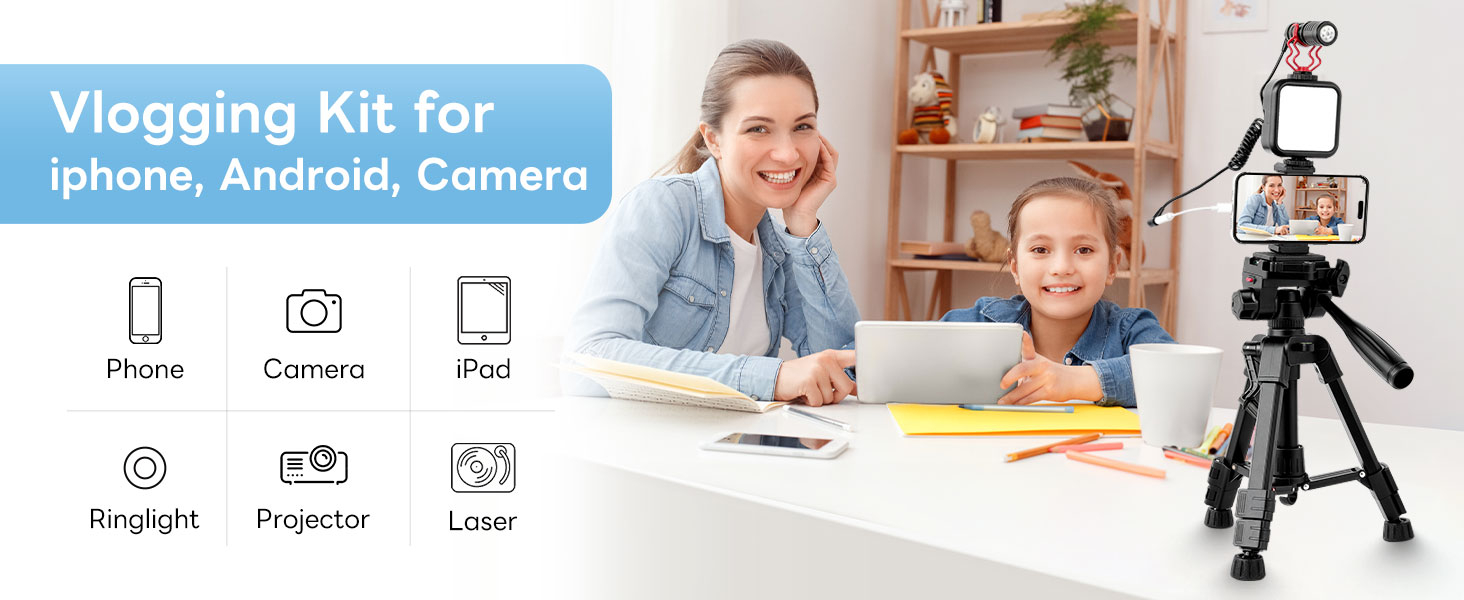 Vlogging Kit for iPhone, Android, Camera, Compatible with YouTube Starter Kit with Rechargeable LED Light + Microphone + Phone Clip + Aluminum Desktop Tripod for Vlogging, Instagram, TikTok 8 Vlogging Kit for iPhone, Android, Camera, Compatible with YouTube Starter Kit with Rechargeable LED Light + Microphone + Phone Clip + Aluminum Desktop Tripod for Vlogging, Instagram, TikTok-