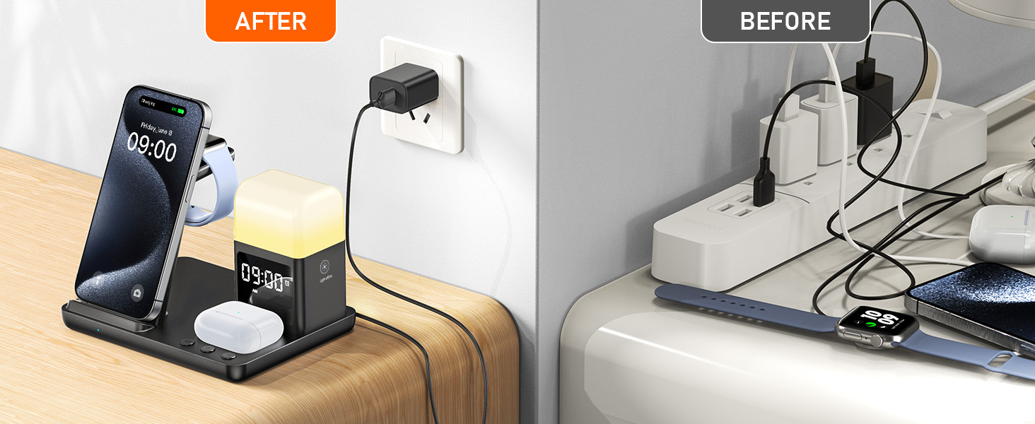 6 in 1 Wireless Charging Station for Apple Charging Station for Multiple Devices with Alarm Clock and Night Light nightstand for iPhone 16 15 14 13 for Apple Watch 11 6 in 1 Wireless Charging Station for Apple Charging Station for Multiple Devices with Alarm Clock and Night Light nightstand for iPhone 16 15 14 13 for Apple Watch-