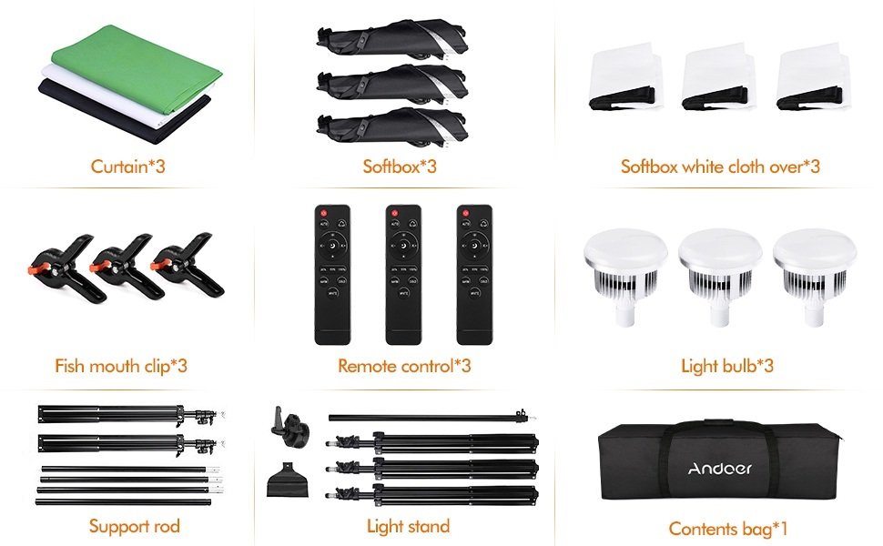 Andoer Softbox Lighting Kit Photography with 3 85W 2800K-5700K Bi-Color Temperature Light 3 Softbox 3 Light Stand 1 Boom Arm 1 Remote Control 3 Backdrops 3 Backdrop Clamp 3 Backdrop Stand Carry Bag 14 Andoer Softbox Lighting Kit Photography with 3 85W 2800K-5700K Bi-Color Temperature Light 3 Softbox 3 Light Stand 1 Boom Arm 1 Remote Control 3 Backdrops 3 Backdrop Clamp 3 Backdrop Stand Carry Bag-