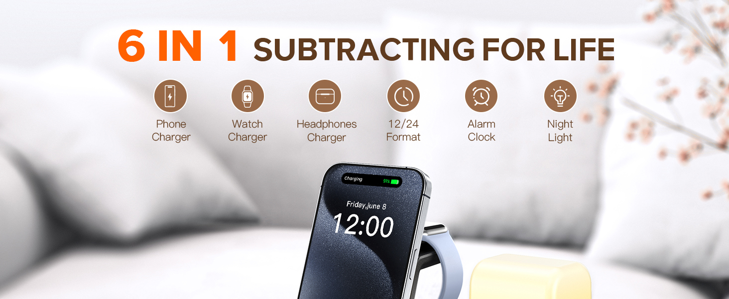 6 in 1 Wireless Charging Station for Apple Charging Station for Multiple Devices with Alarm Clock and Night Light nightstand for iPhone 16 15 14 13 for Apple Watch 9 6 in 1 Wireless Charging Station for Apple Charging Station for Multiple Devices with Alarm Clock and Night Light nightstand for iPhone 16 15 14 13 for Apple Watch-