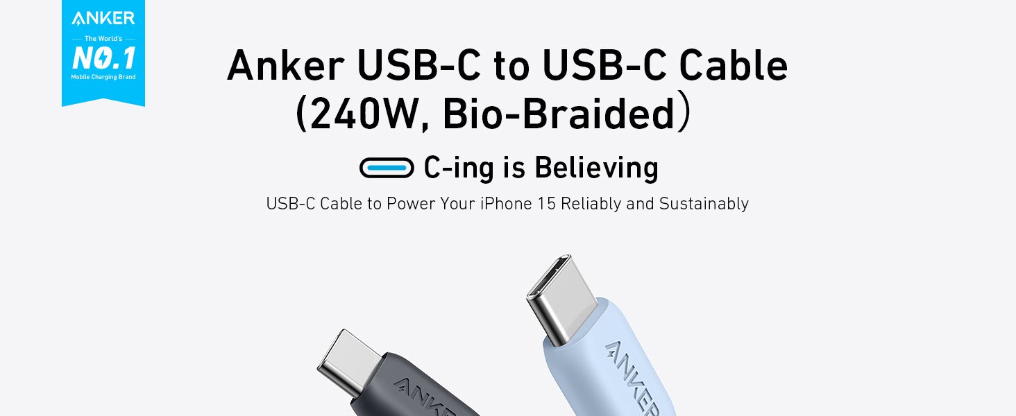 Anker USB C Cable, 240W Bio-Braided Type C Fast Charge Cord for iPhone 16/16 Pro, MacBook Pro 2020, iPad Pro,and More(USB 2.0, 10FT, Phantom Black) 7 Anker USB C Cable, 240W Bio-Braided Type C Fast Charge Cord for iPhone 16/16 Pro, MacBook Pro 2020, iPad Pro,and More(USB 2.0, 10FT, Phantom Black)-