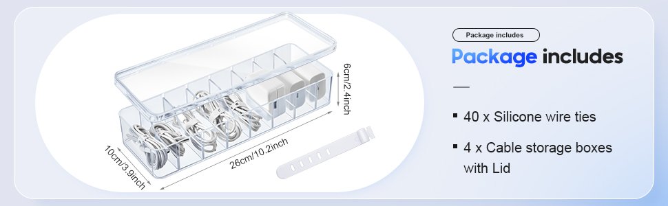 Tatuo 4 Pcs Cable Organizer with 40 Wire Ties, Clear Plastic Cord Charger Storage Box with Clear Lid for Home Office Desk Organization and Accessories 9 Tatuo 4 Pcs Cable Organizer with 40 Wire Ties, Clear Plastic Cord Charger Storage Box with Clear Lid for Home Office Desk Organization and Accessories-