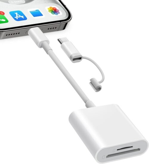 SD Card Reader for iPhone iPad, Dual Connector (Lightening&USB-C) Micro SD Memory Card Reader, 2 in 1 SD and TF Card Adapter Portable Trail Camera Viewer, No Driver Needed, Plug and Play