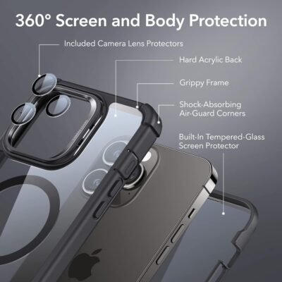 ESR for iPhone 14 Pro Max Case with Stand, Compatible with MagSafe, Full-Body Military-Grade Drop Proof Case with Built-in 9H+ Tempered Glass Screen Protector, Armor Series, Clear Black - 이미지 3