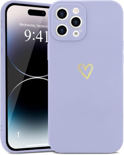 for iPhone 14 Pro Case Cute Heart Pattern Soft Shockproof Slim Protective Silicone Phone Case Cover for Women Girls, Lilac Purple