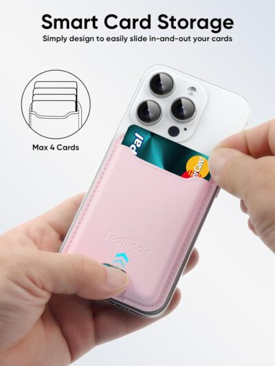 TopMade Phone Card Holder, Premium Leather Phone Wallet Stick on, Stronger 3M Adhesive Credit Card Holder for Back of Phone Case, iPhone, Samsung, and Android, RFID Blocking, Fit 4 Cards, Pink - 이미지 3