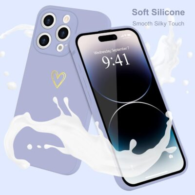 for iPhone 14 Pro Case Cute Heart Pattern Soft Shockproof Slim Protective Silicone Phone Case Cover for Women Girls, Lilac Purple - 이미지 2