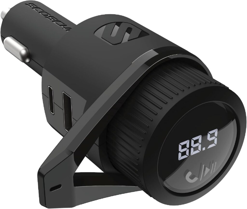 Scosche BTFM9 FM Bluetooth Transmitter Car, Dual 12W USB-C and USB-A Charging Ports, Fast Type C Car Charger, Wireless Radio Bluetooth Adapter, Hands-Free Kit for Calls, Siri and Google Assistant