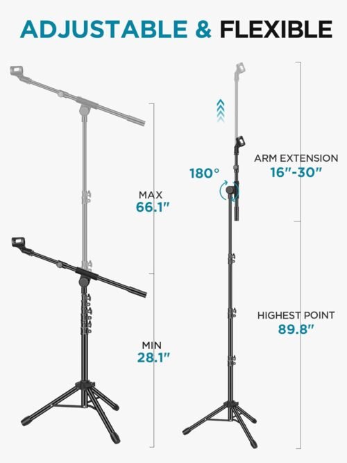 InnoGear Microphone Stand, Tripod Boom Arm Floor Mic Stand Height Adjustable Heavy Duty with Carrying Bag 2 Mic Clips 3/8" to 5/8" Adapter for Singing Podcast for Blue Yeti Shure SM58 SM48 Samson Q2U - 이미지 3