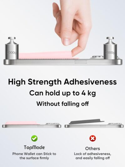 TopMade Phone Card Holder, Premium Leather Phone Wallet Stick on, Stronger 3M Adhesive Credit Card Holder for Back of Phone Case, iPhone, Samsung, and Android, RFID Blocking, Fit 4 Cards, Pink - 이미지 4