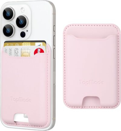 TopMade Phone Card Holder, Premium Leather Phone Wallet Stick on, Stronger 3M Adhesive Credit Card Holder for Back of Phone Case, iPhone, Samsung, and Android, RFID Blocking, Fit 4 Cards, Pink