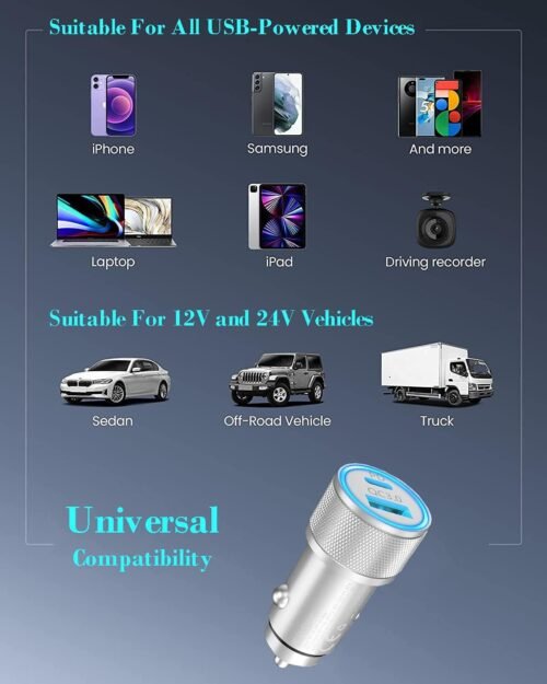 [Apple MFi Certified] iPhone Fast Car Charger, Veetone 48W Dual Port USB C Power Delivery All Metal Car Adapter with 2 Pack Lightning Cable, PD/QC 3.0 Type C Rapid Car Charging for iPhone/iPad/Airpods - 이미지 7
