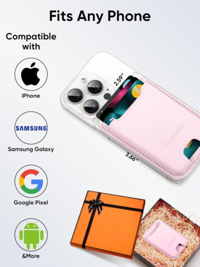 TopMade Phone Card Holder, Premium Leather Phone Wallet Stick on, Stronger 3M Adhesive Credit Card Holder for Back of Phone Case, iPhone, Samsung, and Android, RFID Blocking, Fit 4 Cards, Pink - 이미지 8