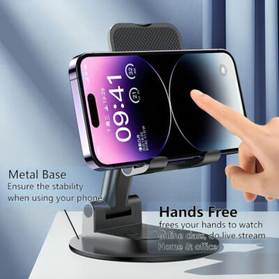 Phone Stand for Desk, 360 Degree Rotating Phone Stand Adjustable Cell Phone Stand Accessories Portable Smart Phone Stands Foldable Holder for Desk Home Office (Black) - 이미지 4