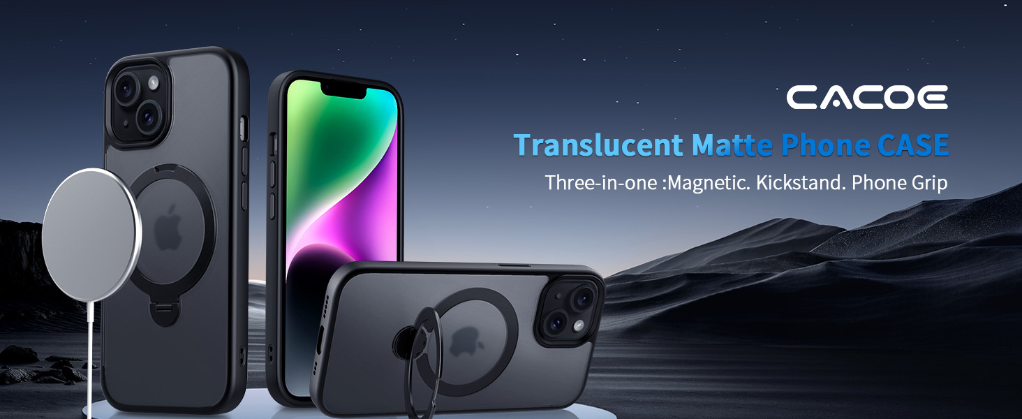 CACOE Magnetic Case for iPhone 13/14 6.1 inch with 360 Rotatable Ring Stand, Compatible with MagSafe Car Phone Mount, Cases Cover Phone Holder for Desk Meeting/Videos Matte Black 8 CACOE Magnetic Case for iPhone 13/14 6.1 inch with 360 Rotatable Ring Stand, Compatible with MagSafe Car Phone Mount, Cases Cover Phone Holder for Desk Meeting/Videos Matte Black-