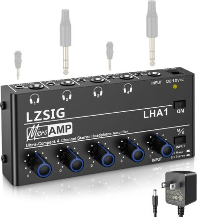 LZSIG Headphone Amplifier 4 Channel Metal Stereo Audio Amplifier,Mini Earphone Splitter with Power Adapter,1/4" & 1/8" TRS Headphones Output and TRS Audio Input,DC 12V