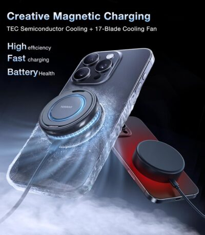 TORRAS PolarCircle Qi2 Mag-Safe Charger, 15W Cooling Magnetic Pad for iPhone 16/15/14/13, Wireless Charger for Samsung Galaxy S25 with 360°Spin Stand, Semiconductor Game Cooler, with 5ft Type-C Cable - 이미지 2