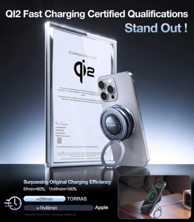 TORRAS PolarCircle Qi2 Mag-Safe Charger, 15W Cooling Magnetic Pad for iPhone 16/15/14/13, Wireless Charger for Samsung Galaxy S25 with 360°Spin Stand, Semiconductor Game Cooler, with 5ft Type-C Cable - 이미지 6