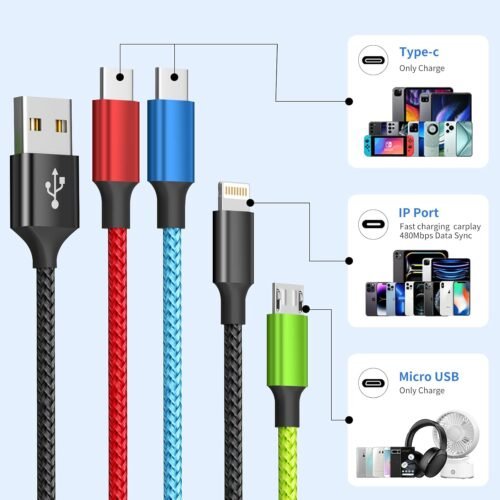 4 in 1 Multi Charging Cable [2Pack 5FT], Nylon Braided 4 in 1 Charging Cable, Multi Chargers for All Devices with IP/Type C/Type C/Micro Port, Compatible with Most Cell Phones/Tablets and More - 이미지 2