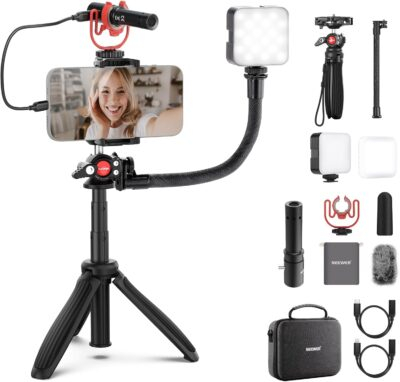 Ultimate Vlogging Power Pack: Your Go-To Kit for YouTube Success with LED Light, Versatile Tripod, and Pro Microphone!