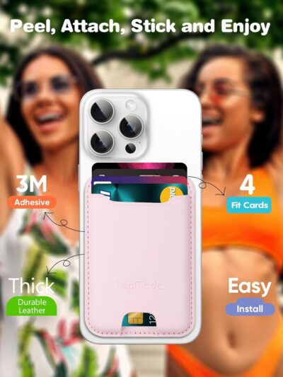 TopMade Phone Card Holder, Premium Leather Phone Wallet Stick on, Stronger 3M Adhesive Credit Card Holder for Back of Phone Case, iPhone, Samsung, and Android, RFID Blocking, Fit 4 Cards, Pink - 이미지 2