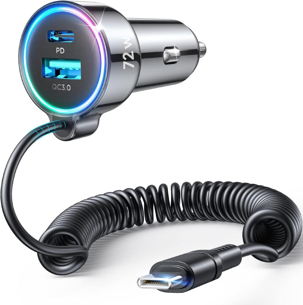 USB C 72W Car Charger for iPhone 16 Pro Max Plus, PD & QC3.0 w/5 ft 36W Type C Coiled Cable, Fast Car Phone Charger Adapter for iPhone 15 Pro, Samsung Galaxy S24/S23/S22, Pixel/Moto/LG/Android, iPad