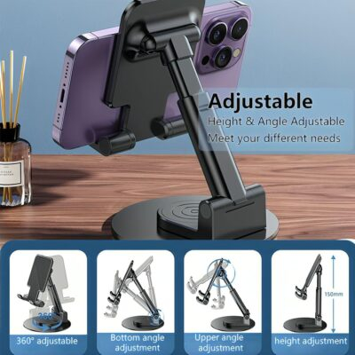 Phone Stand for Desk, 360 Degree Rotating Phone Stand Adjustable Cell Phone Stand Accessories Portable Smart Phone Stands Foldable Holder for Desk Home Office (Black) - 이미지 2