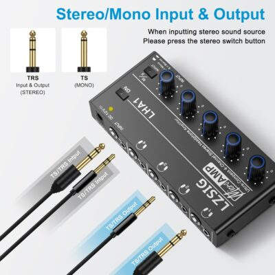 LZSIG Headphone Amplifier 4 Channel Metal Stereo Audio Amplifier,Mini Earphone Splitter with Power Adapter,1/4" & 1/8" TRS Headphones Output and TRS Audio Input,DC 12V - 이미지 5