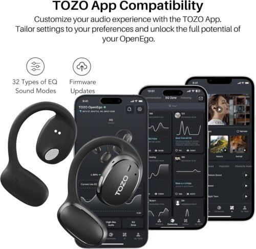 TOZO OpenEgo True Wireless Open Ear Headphone, 5.3 Bluetooth Sport Earbuds with Earhooks for 80H Playback with Digital Display, 32 EQ Modes Dual Mic Clear Call Sweat-Proof for Running Workout Black - 이미지 7