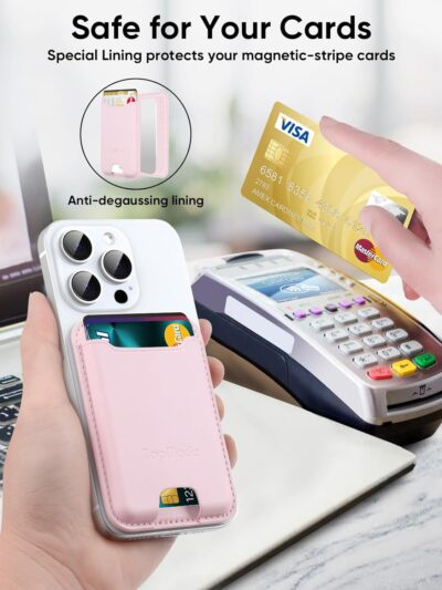 TopMade Phone Card Holder, Premium Leather Phone Wallet Stick on, Stronger 3M Adhesive Credit Card Holder for Back of Phone Case, iPhone, Samsung, and Android, RFID Blocking, Fit 4 Cards, Pink - 이미지 6