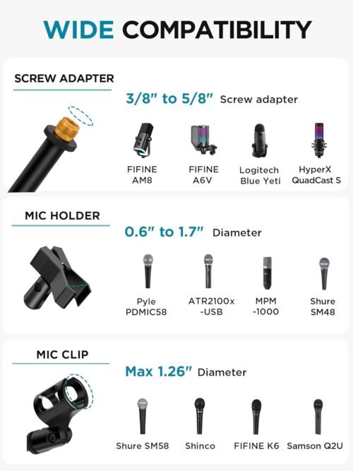 InnoGear Microphone Stand, Tripod Boom Arm Floor Mic Stand Height Adjustable Heavy Duty with Carrying Bag 2 Mic Clips 3/8" to 5/8" Adapter for Singing Podcast for Blue Yeti Shure SM58 SM48 Samson Q2U - 이미지 5