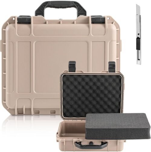 14.3 x 11.4 x 4.5 Inch Waterproof Hard Case with DIY Customizable Foam Insert Portable Protective Case with Knife for Camera Drones Equipments Tools Test Instruments (Tan)