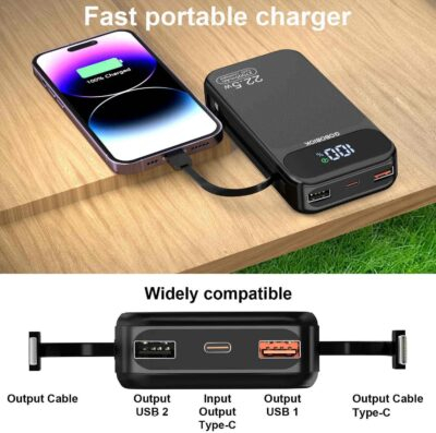 Power Bank 27000mAh Fast Charging Built-in 2 Cables, 22.5W Portable Charger, Portable USB C Power Bank Battery Pack with LCD Display Powerbank for Smartphones Tablets and More - 이미지 4