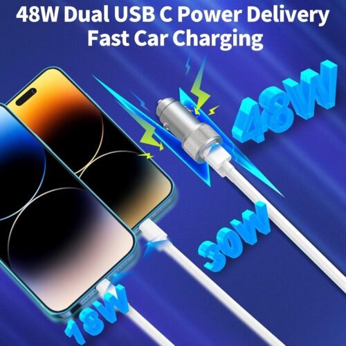 [Apple MFi Certified] iPhone Fast Car Charger, Veetone 48W Dual Port USB C Power Delivery All Metal Car Adapter with 2 Pack Lightning Cable, PD/QC 3.0 Type C Rapid Car Charging for iPhone/iPad/Airpods - 이미지 4